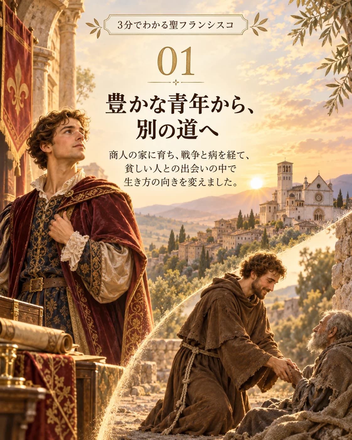 3分でわかる聖フランシスコ 01『豊かな青年から、別の道へ』。商人の家に育ち、戦争と病を経て、貧しい人との出会いの中で生き方の向きを変えました。