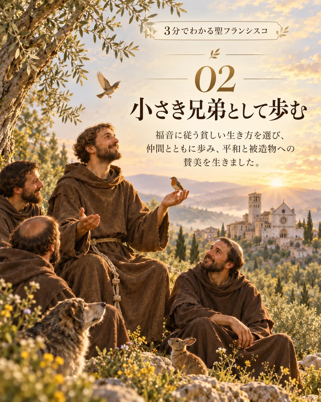 3分でわかる聖フランシスコ 02『小さき兄弟として歩む』。福音に従う貧しい生き方を選び、仲間とともに歩み、平和と被造物への賛美を生きました。