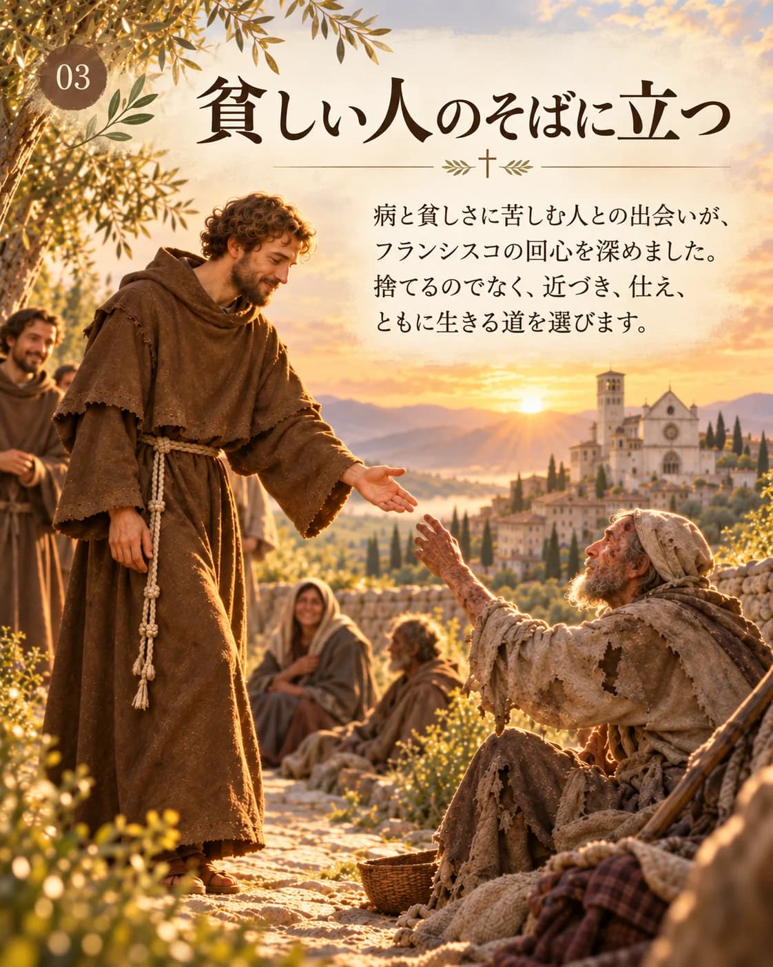 3分でわかる聖フランシスコ 03『貧しい人のそばに立つ』。病と貧しさに苦しむ人との出会いが回心を深め、近づき、仕え、ともに生きる道を選びました。