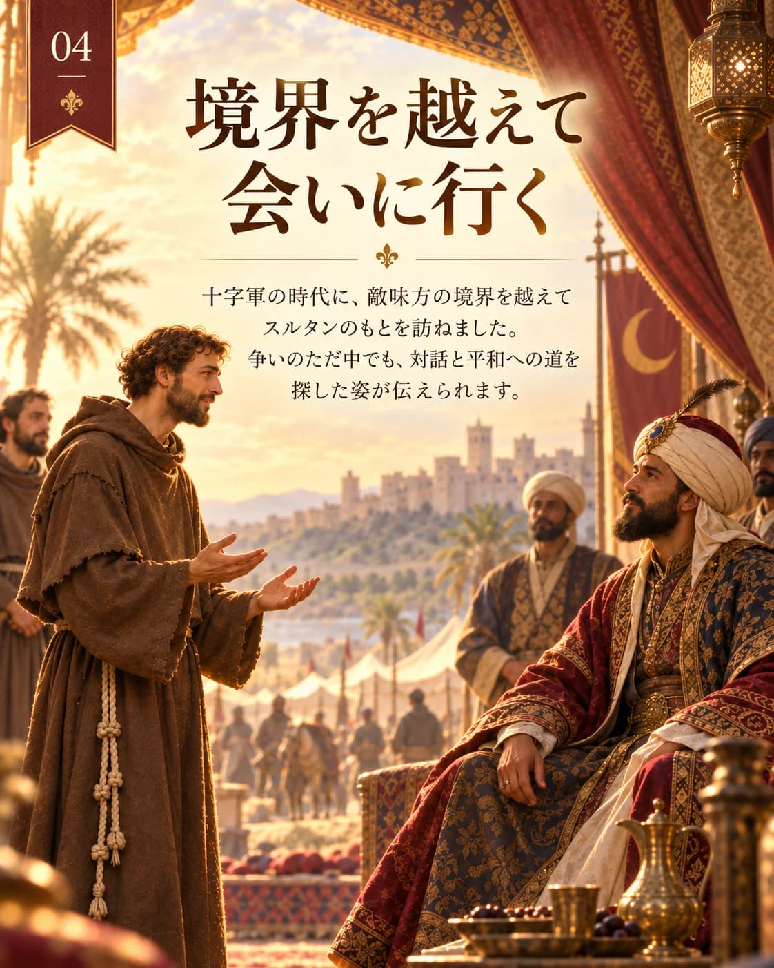 3分でわかる聖フランシスコ 04『境界を越えて会いに行く』。十字軍の時代にスルタンを訪ね、争いの中でも対話と平和への道を探しました。