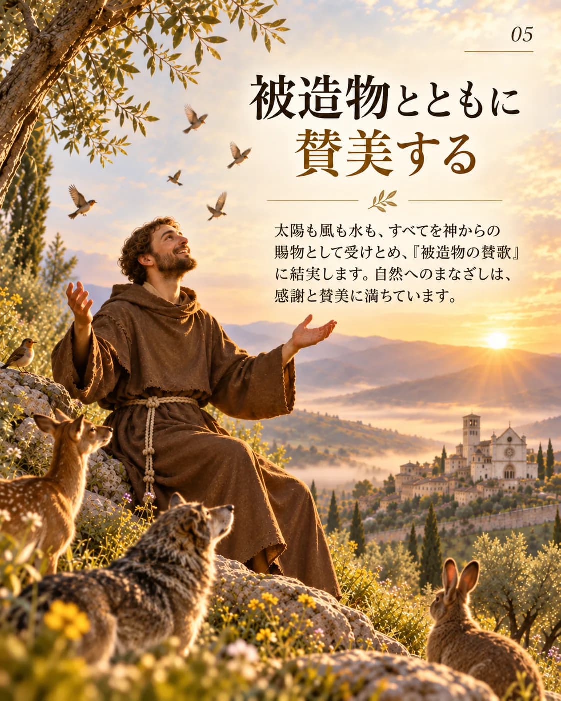 3分でわかる聖フランシスコ 05『被造物とともに賛美する』。太陽、風、水を神からの賜物として受けとめ、被造物の賛歌に結実しました。